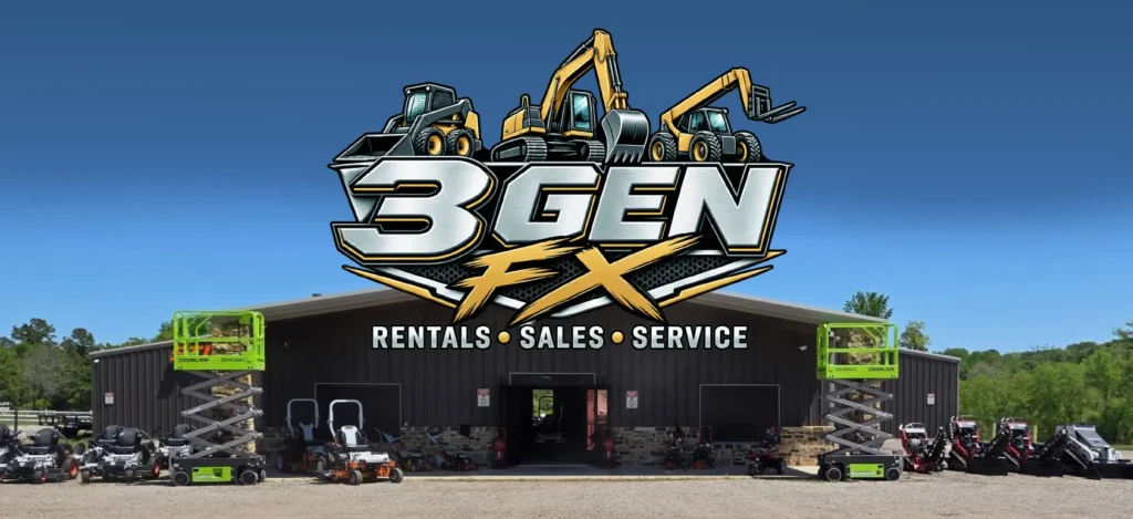 3GEN FX storefront in Lindale, Texas with branded signage and popular rental equipment including skid steers, excavators and other construction equipment displayed out front.