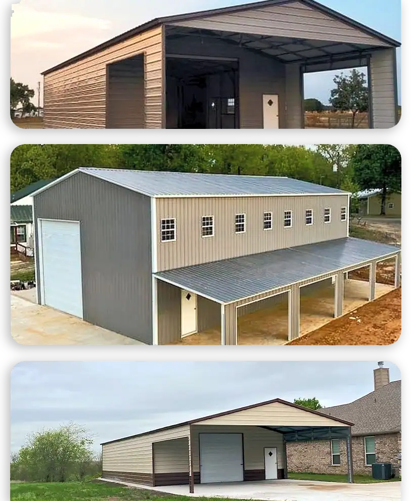Collage of metal buildings in Tyler, Texas including a red barn, a steel workshop, and a multipurpose structure showcasing the variety of custom metal buildings available from .