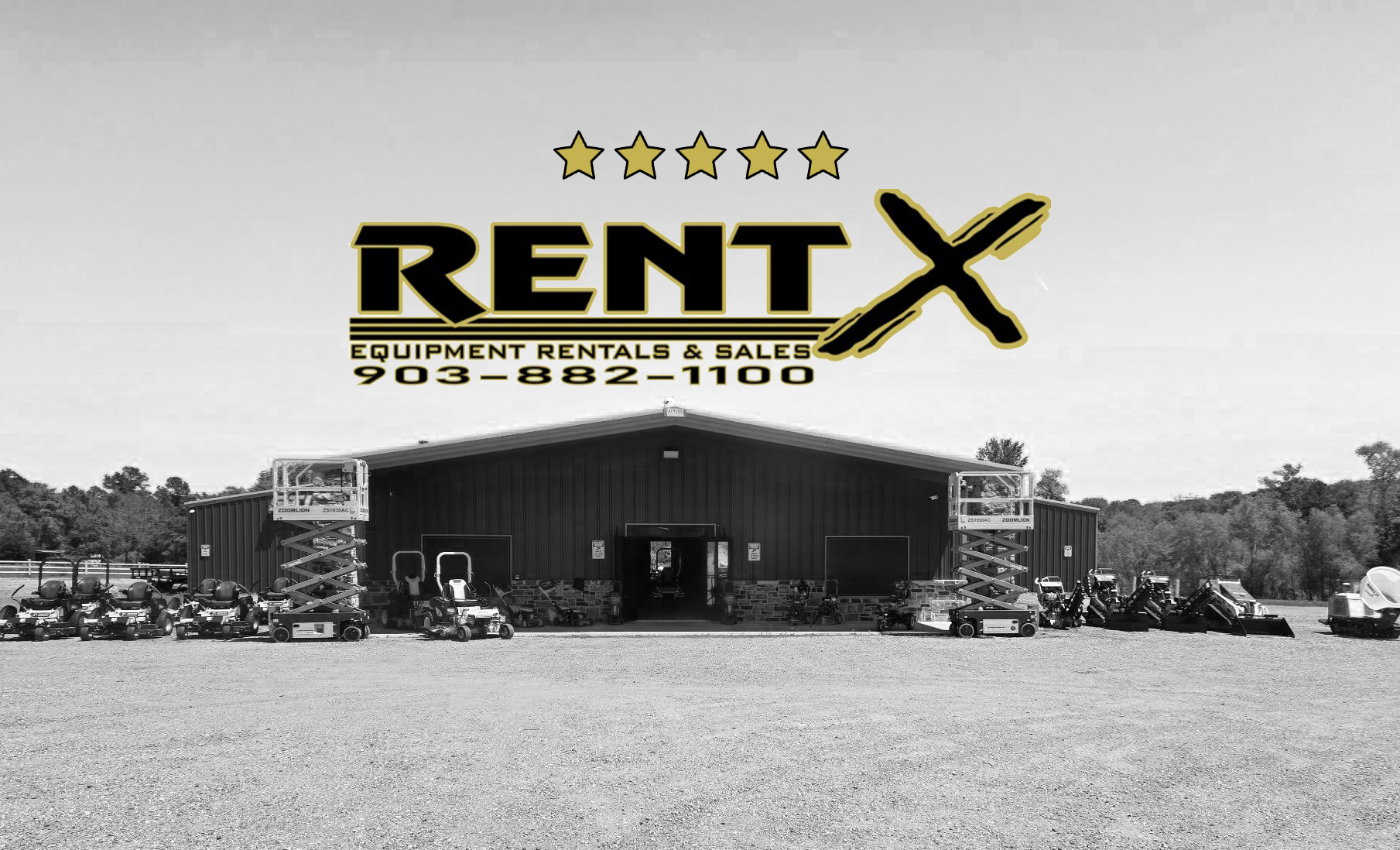 store front with scissor lifts, skid steers, zero-turn mowers, and other heavy equipment for rental and sale near Tyler Texas