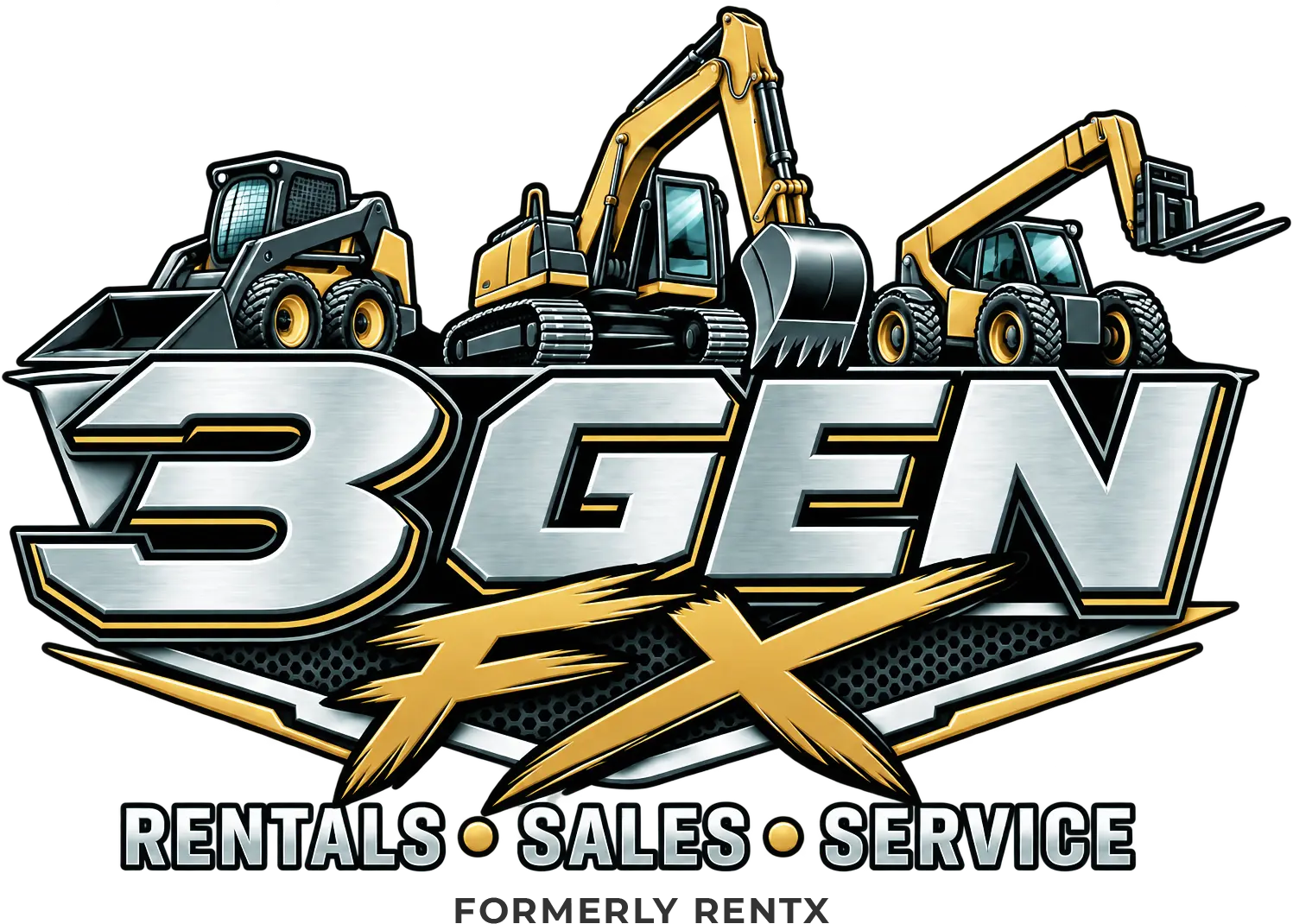 3GENFX (formerly ) equipment rentals, sales and service logo featuring skid steer, excavator and telehandler equipment in Lindale, Texas.